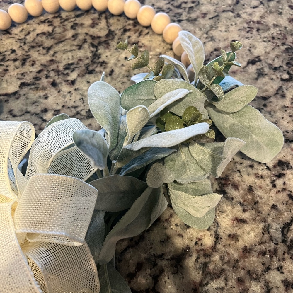 Farmhouse Wood Bead Wreath, adorned with faux Lamb's Ear & Eucalyptus leaves. - Picture 4 of 7
